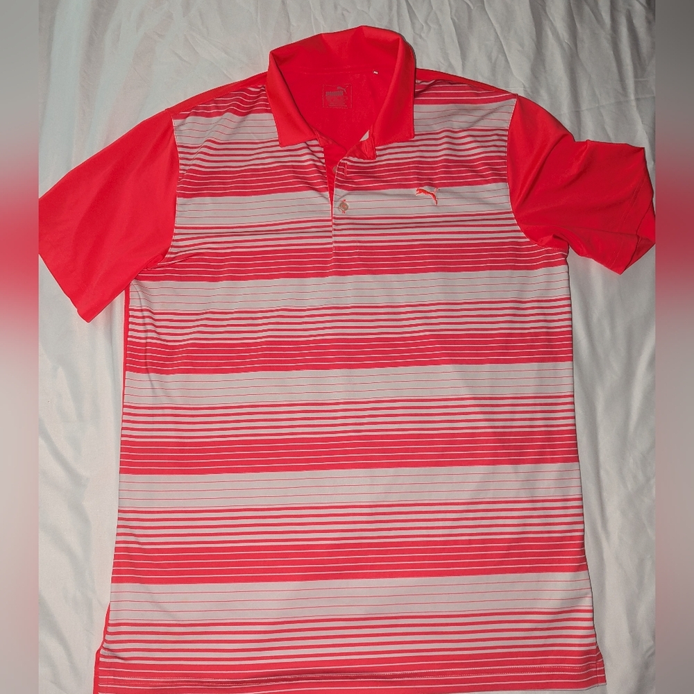 Puma Men's Medium‎ Bright Red Striped Performance Golf Polo Shirt